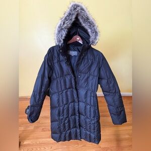 Eddie Bauer Women’s Black Down Duffle Coat with Faux Fur Hood, M